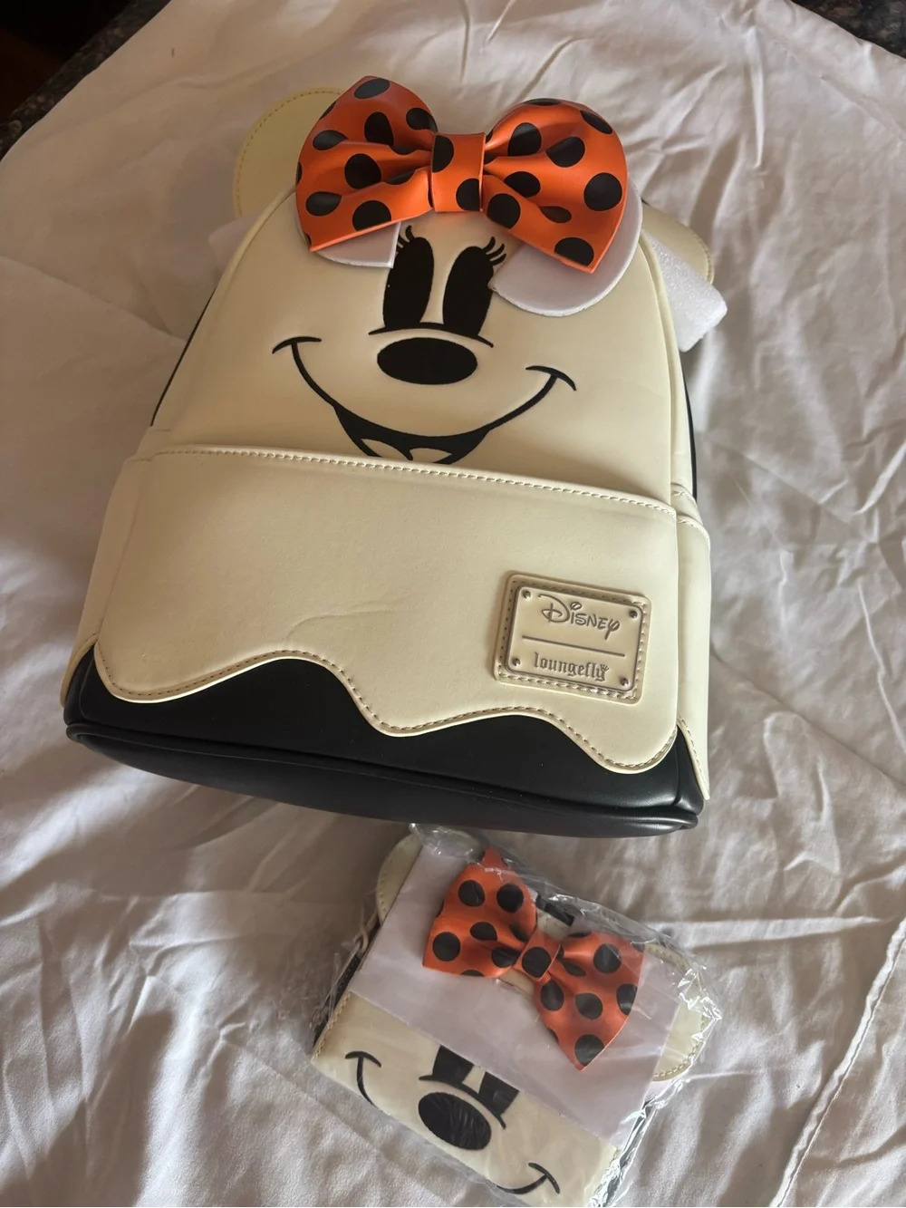 Loungefly Cream and Black Minnie Mouse Backpack with Orange Polka Dot Bow